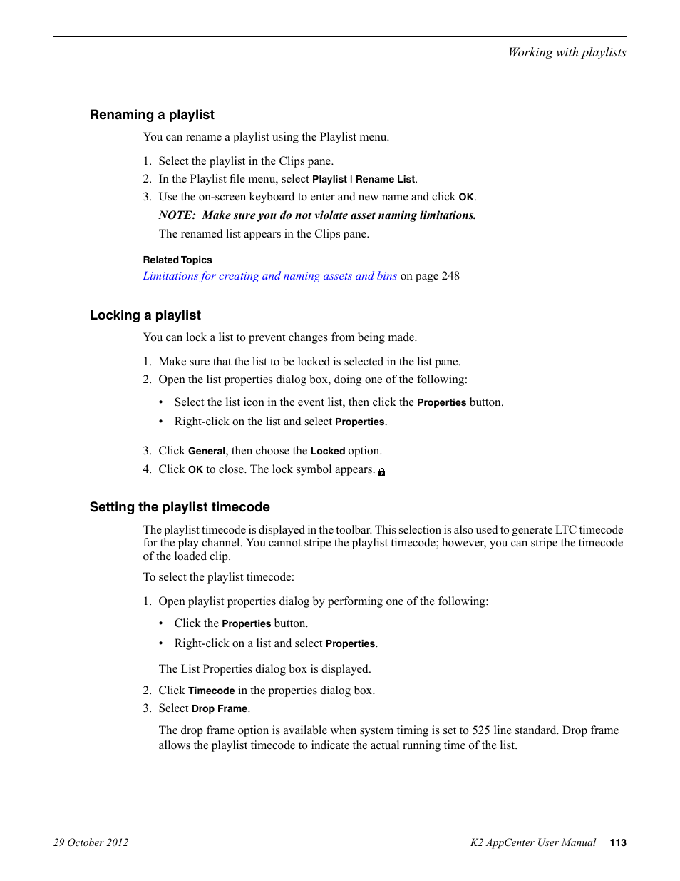 Renaming a playlist, Locking a playlist, Setting the playlist timecode | Grass Valley K2 AppCenter v.9.0 User Manual | Page 113 / 290