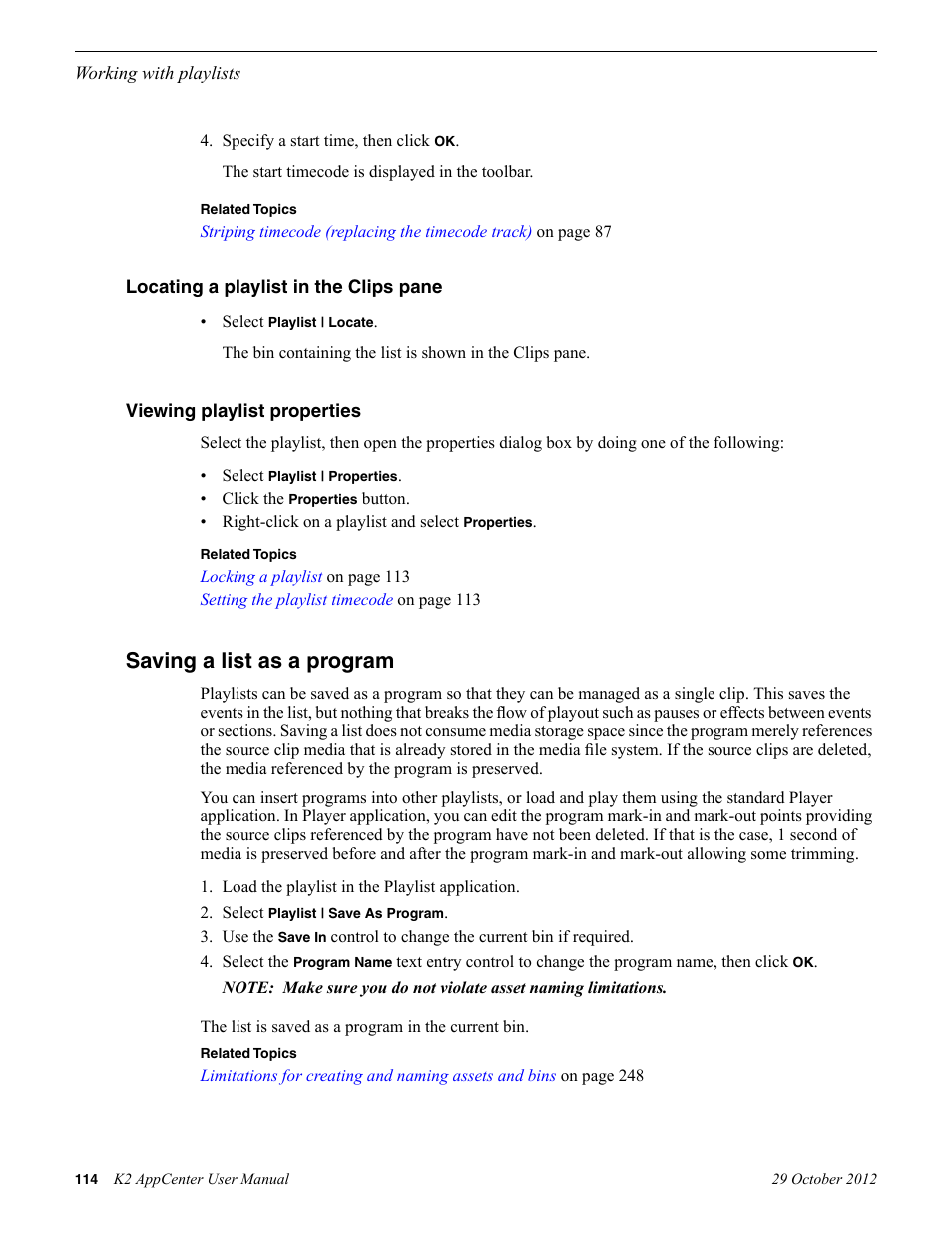 Locating a playlist in the clips pane, Viewing playlist properties, Saving a list as a program | Grass Valley K2 AppCenter v.9.0 User Manual | Page 114 / 290