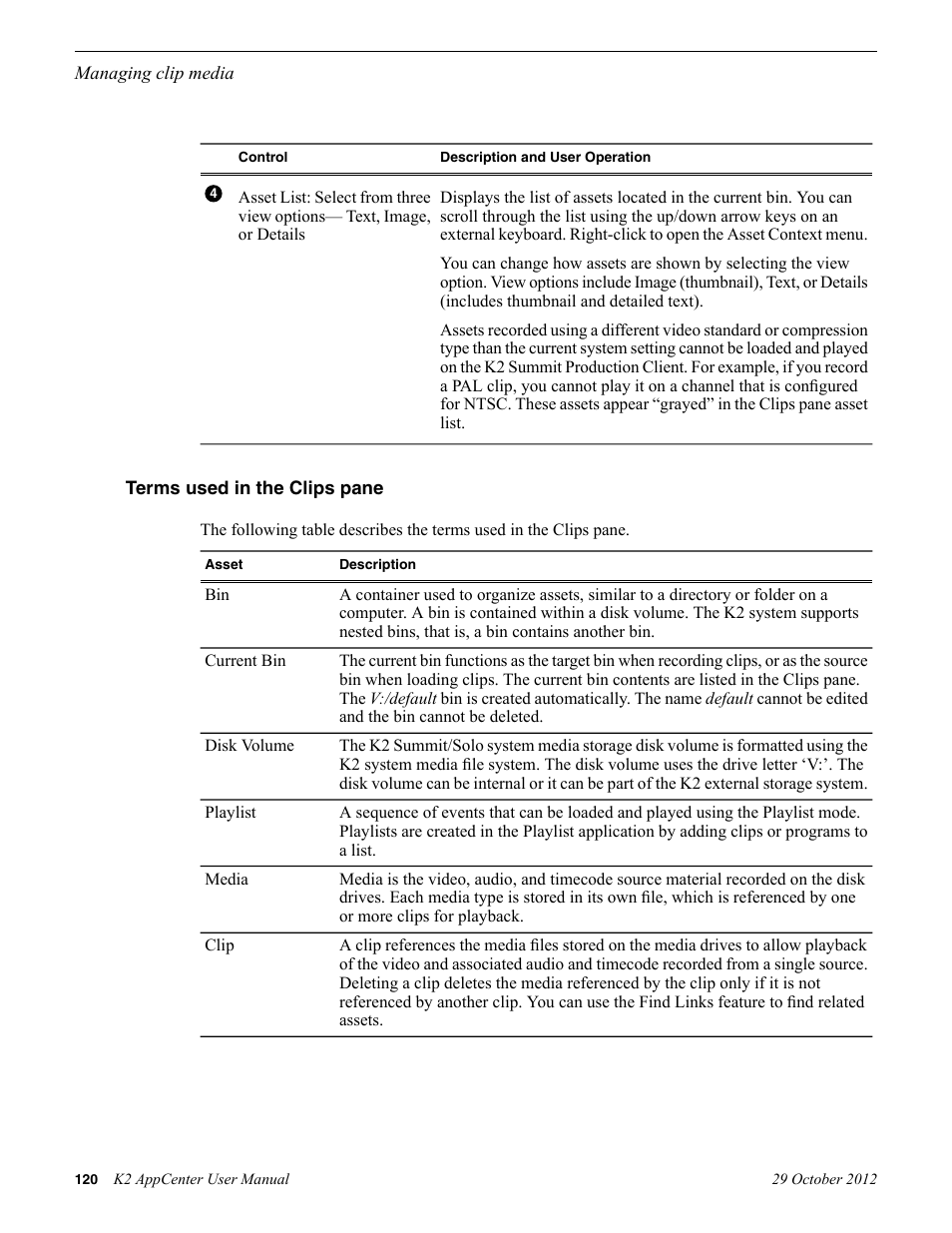 Terms used in the clips pane | Grass Valley K2 AppCenter v.9.0 User Manual | Page 120 / 290