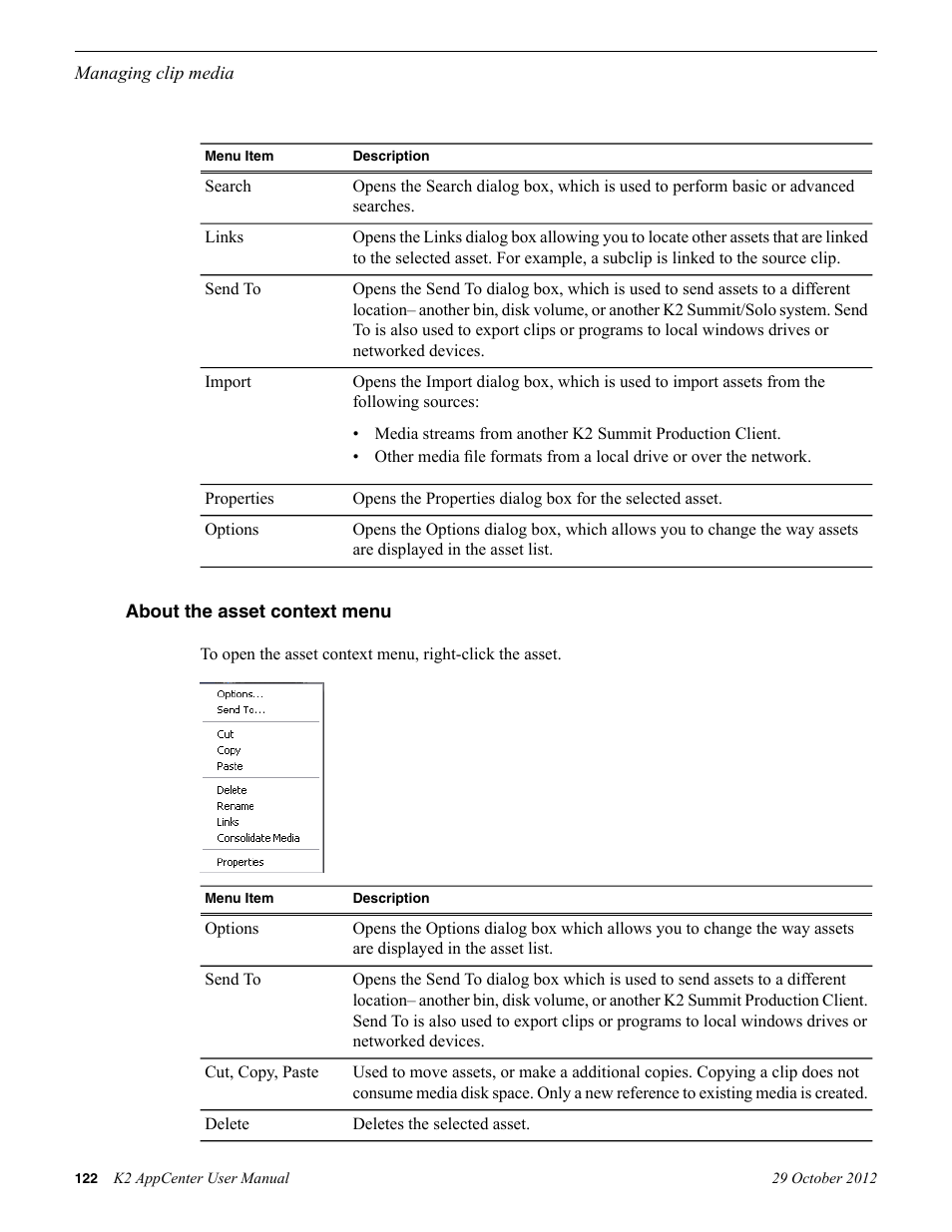 About the asset context menu | Grass Valley K2 AppCenter v.9.0 User Manual | Page 122 / 290