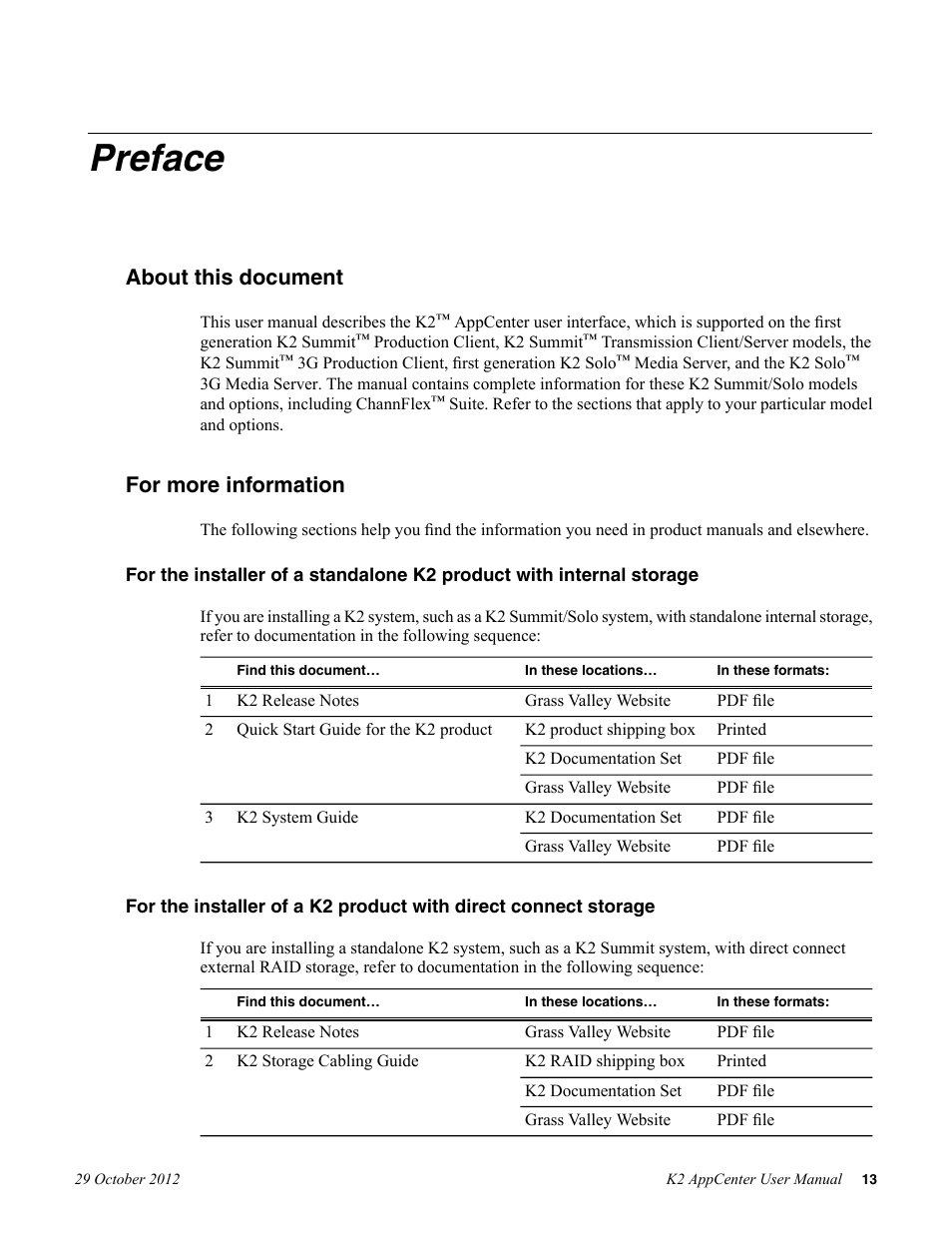 Preface, About this document, For more information | Grass Valley K2 AppCenter v.9.0 User Manual | Page 13 / 290