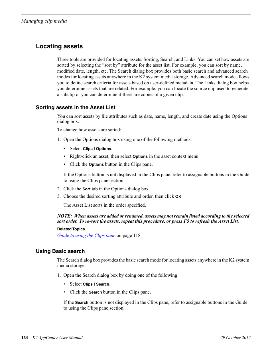 Locating assets, Sorting assets in the asset list, Using basic search | Grass Valley K2 AppCenter v.9.0 User Manual | Page 134 / 290