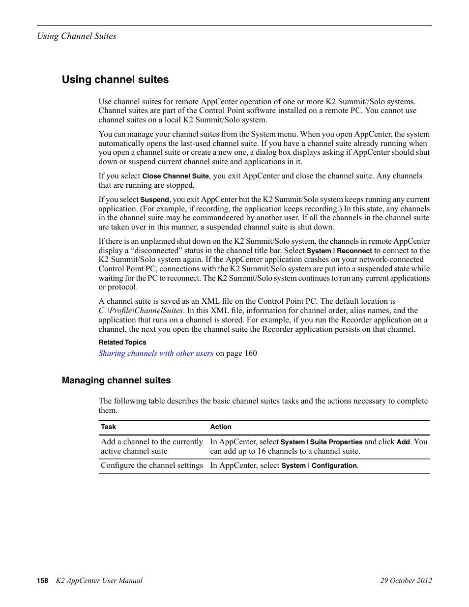 Using channel suites, Managing channel suites | Grass Valley K2 AppCenter v.9.0 User Manual | Page 158 / 290