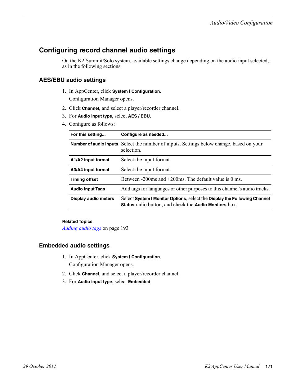 Configuring record channel audio settings, Aes/ebu audio settings, Embedded audio settings | Aes/ebu audio settings embedded audio settings | Grass Valley K2 AppCenter v.9.0 User Manual | Page 171 / 290