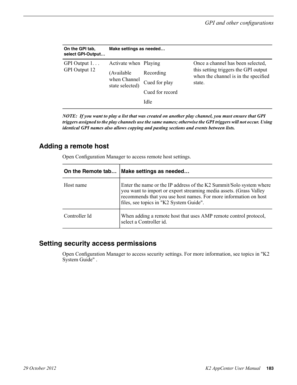 Adding a remote host, Setting security access permissions | Grass Valley K2 AppCenter v.9.0 User Manual | Page 183 / 290