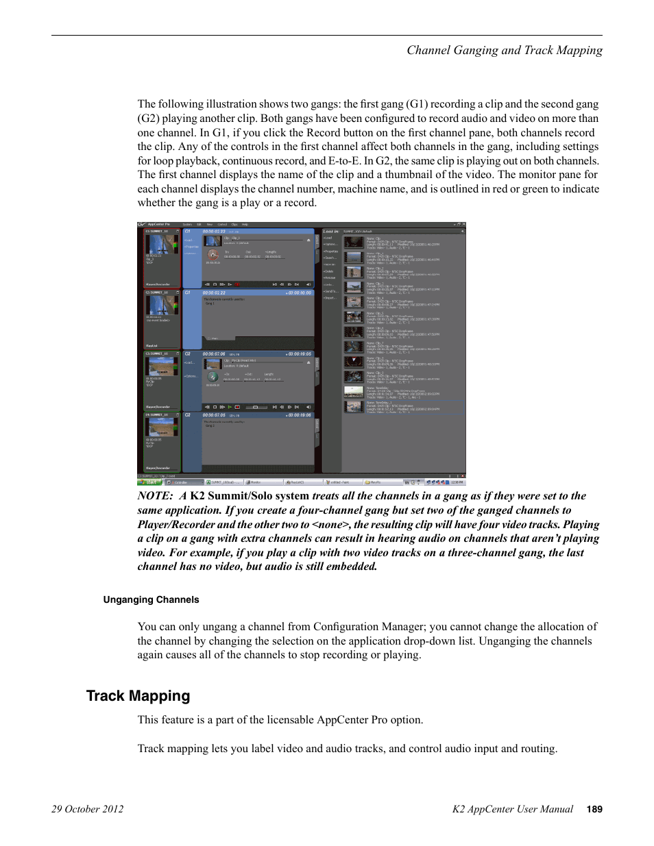 Unganging channels, Track mapping | Grass Valley K2 AppCenter v.9.0 User Manual | Page 189 / 290