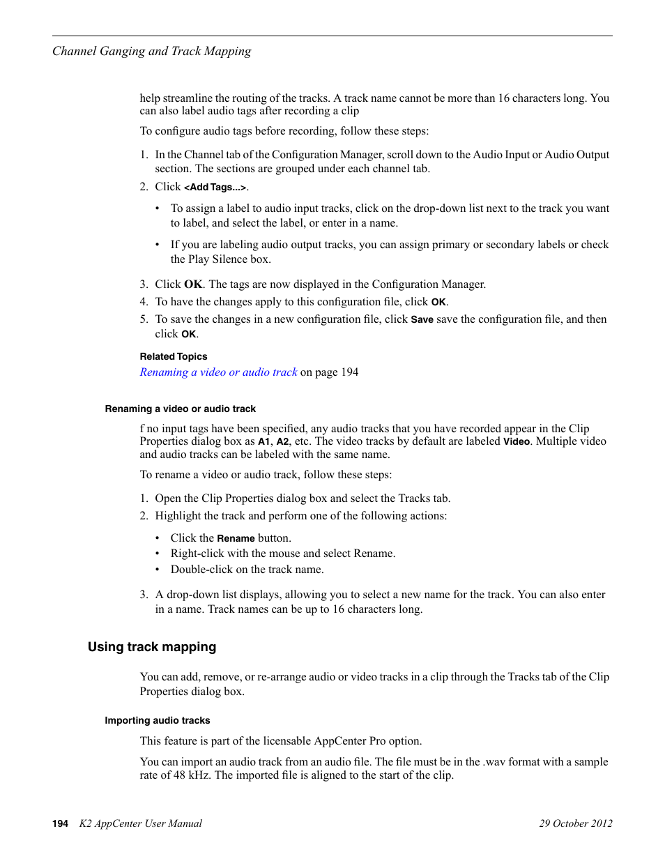 Renaming a video or audio track, Using track mapping, Importing audio tracks | Grass Valley K2 AppCenter v.9.0 User Manual | Page 194 / 290
