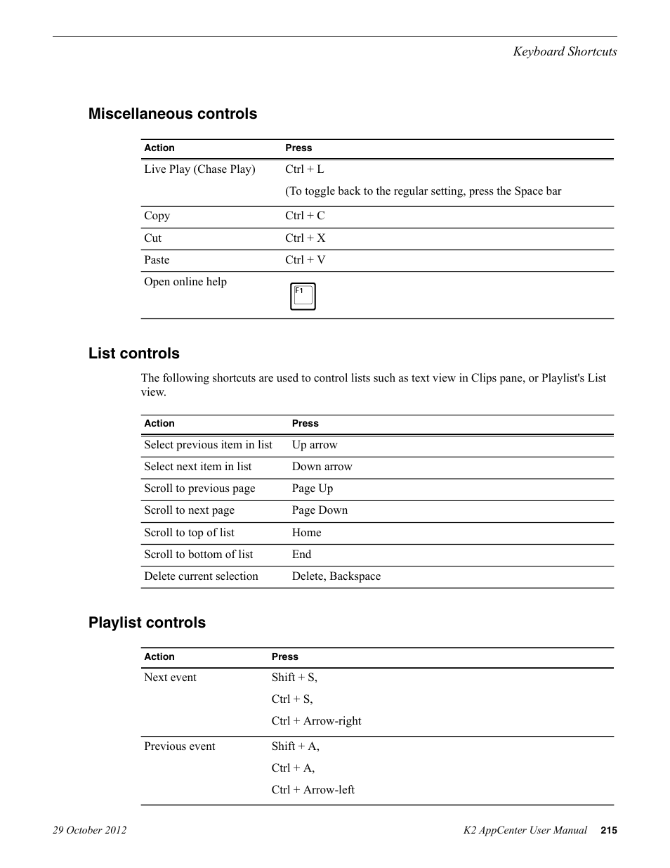 Miscellaneous controls, List controls, Playlist controls | Grass Valley K2 AppCenter v.9.0 User Manual | Page 215 / 290