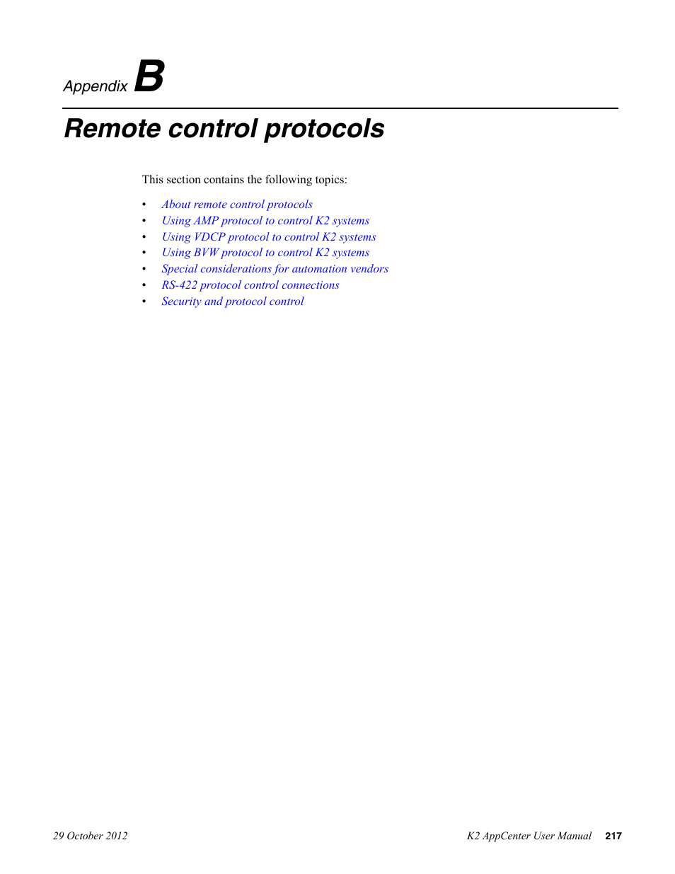Remote control protocols, Appendix b: remote control protocols | Grass Valley K2 AppCenter v.9.0 User Manual | Page 217 / 290