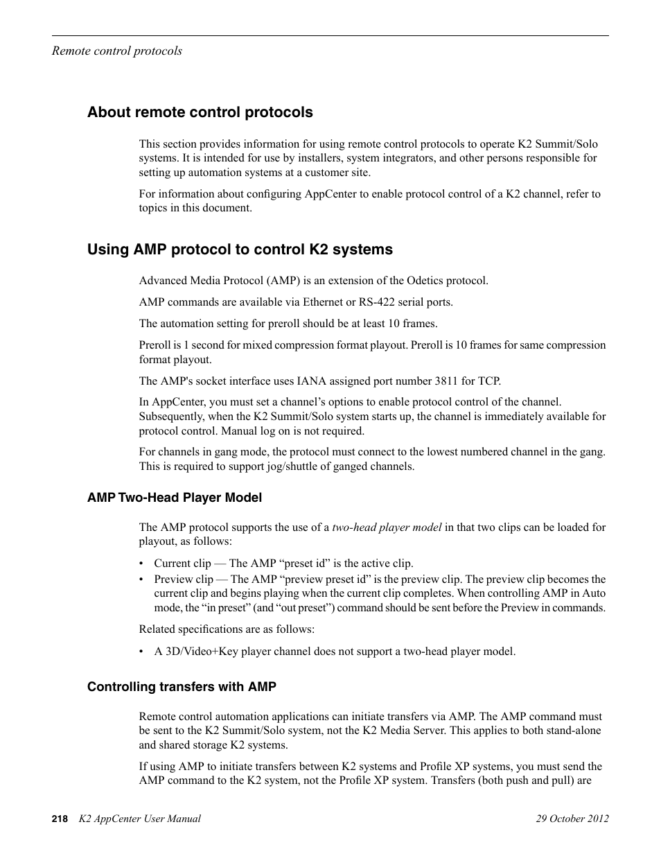 About remote control protocols, Using amp protocol to control k2 systems, Amp two-head player model | Controlling transfers with amp | Grass Valley K2 AppCenter v.9.0 User Manual | Page 218 / 290