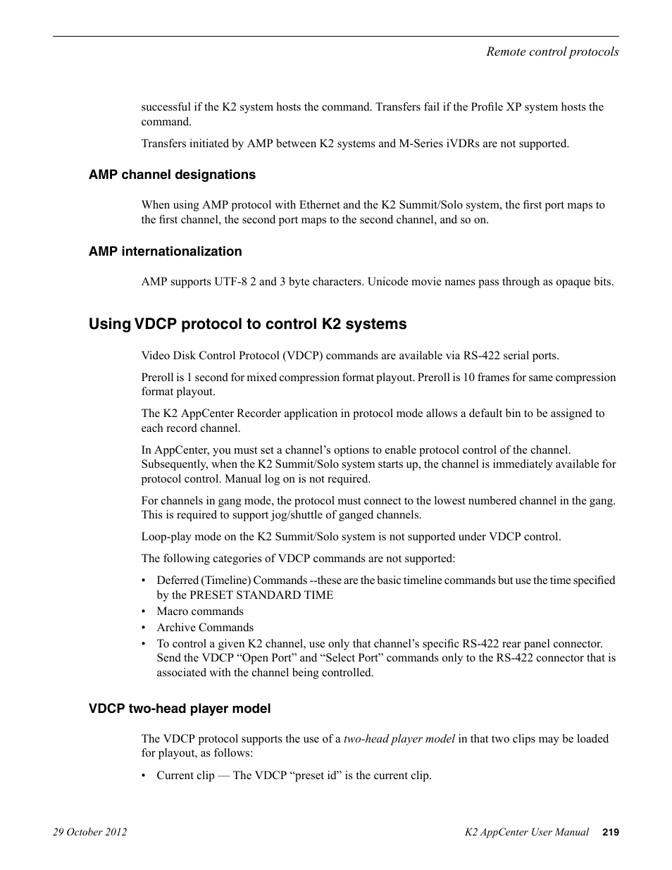 Amp channel designations, Amp internationalization, Using vdcp protocol to control k2 systems | Vdcp two-head player model, Amp channel designations amp internationalization | Grass Valley K2 AppCenter v.9.0 User Manual | Page 219 / 290