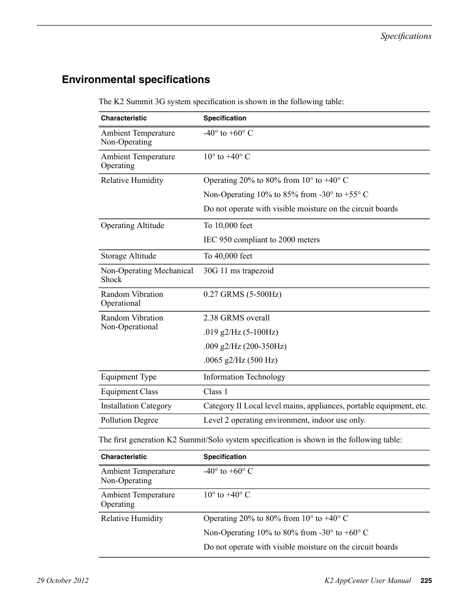 Environmental specifications | Grass Valley K2 AppCenter v.9.0 User Manual | Page 225 / 290