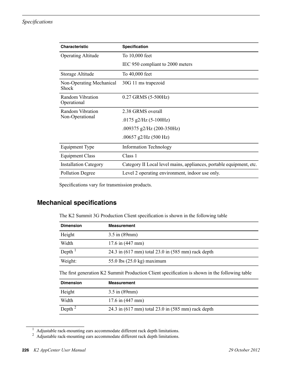Mechanical specifications | Grass Valley K2 AppCenter v.9.0 User Manual | Page 226 / 290