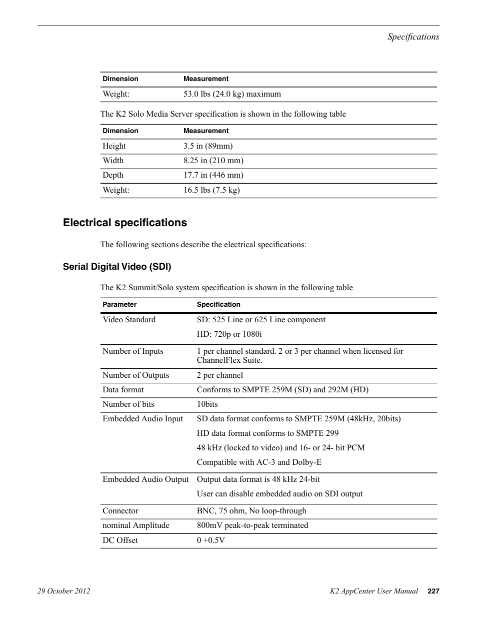 Electrical specifications, Serial digital video (sdi) | Grass Valley K2 AppCenter v.9.0 User Manual | Page 227 / 290