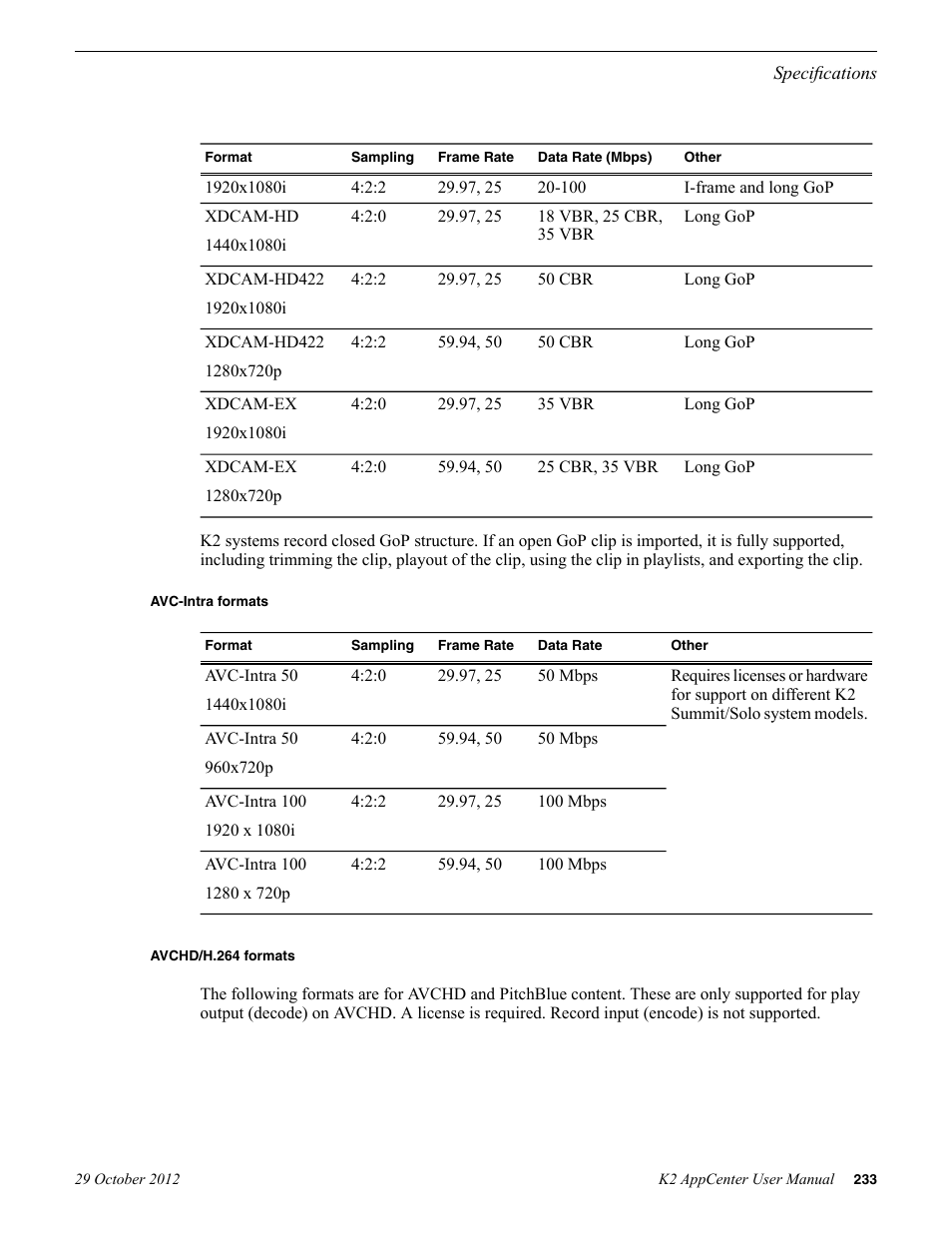 Avc-intra formats, Avchd/h.264 formats | Grass Valley K2 AppCenter v.9.0 User Manual | Page 233 / 290