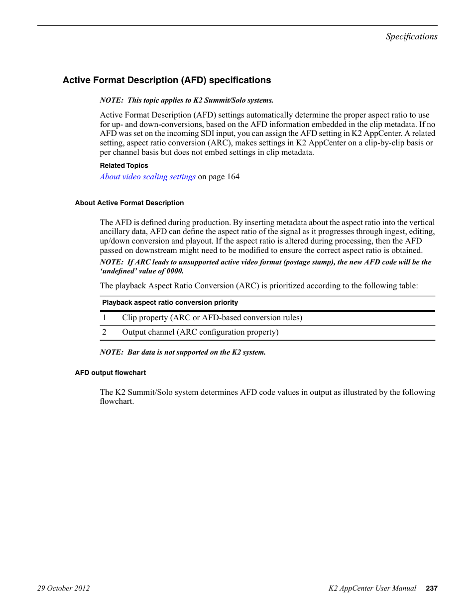 Active format description (afd) specifications, About active format description, Afd output flowchart | Grass Valley K2 AppCenter v.9.0 User Manual | Page 237 / 290