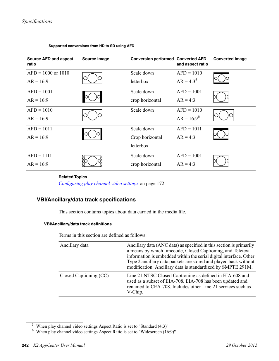 Supported conversions from hd to sd using afd, Vbi/ancillary/data track specifications, Vbi/ancillary/data track definitions | Grass Valley K2 AppCenter v.9.0 User Manual | Page 242 / 290