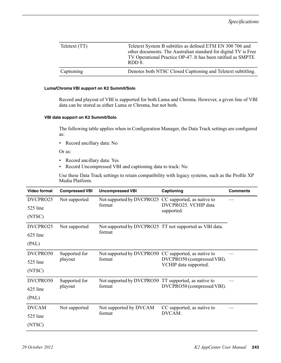 Luma/chroma vbi support on k2 summit/solo, Vbi data support on k2 summit/solo | Grass Valley K2 AppCenter v.9.0 User Manual | Page 243 / 290