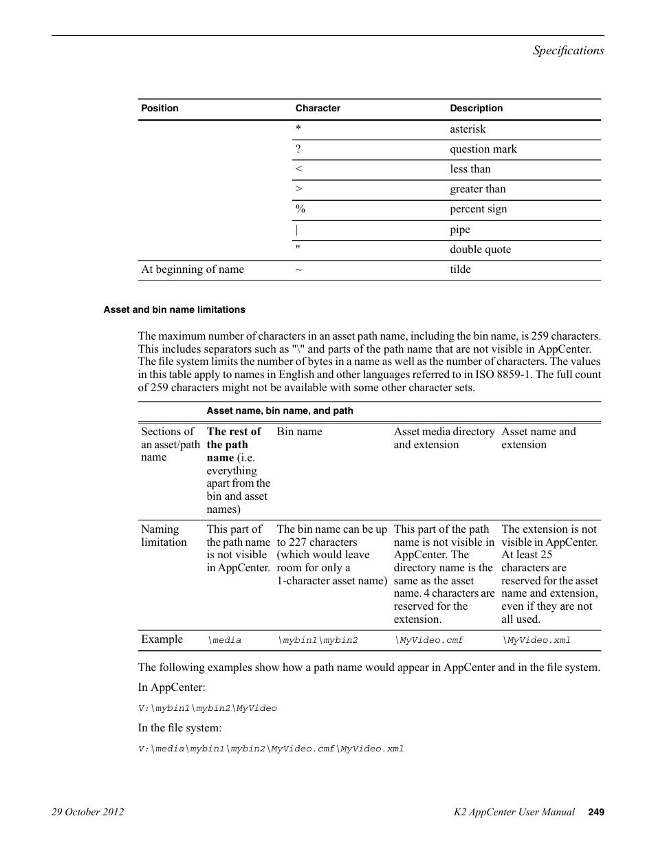 Asset and bin name limitations | Grass Valley K2 AppCenter v.9.0 User Manual | Page 249 / 290