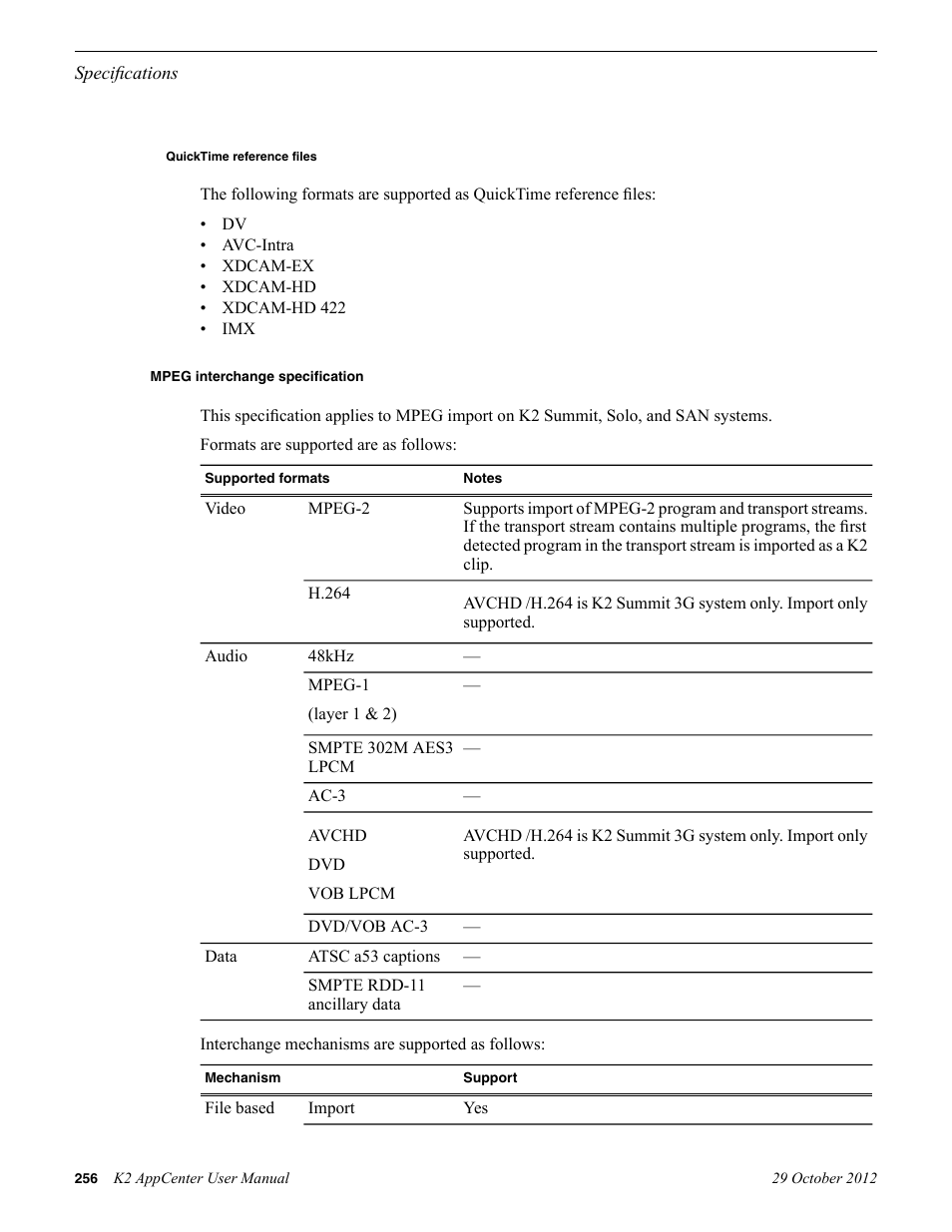 Quicktime reference files, Mpeg interchange specification | Grass Valley K2 AppCenter v.9.0 User Manual | Page 256 / 290