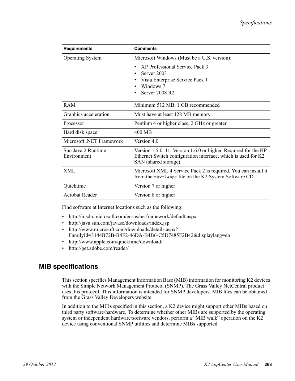 Mib specifications | Grass Valley K2 AppCenter v.9.0 User Manual | Page 263 / 290