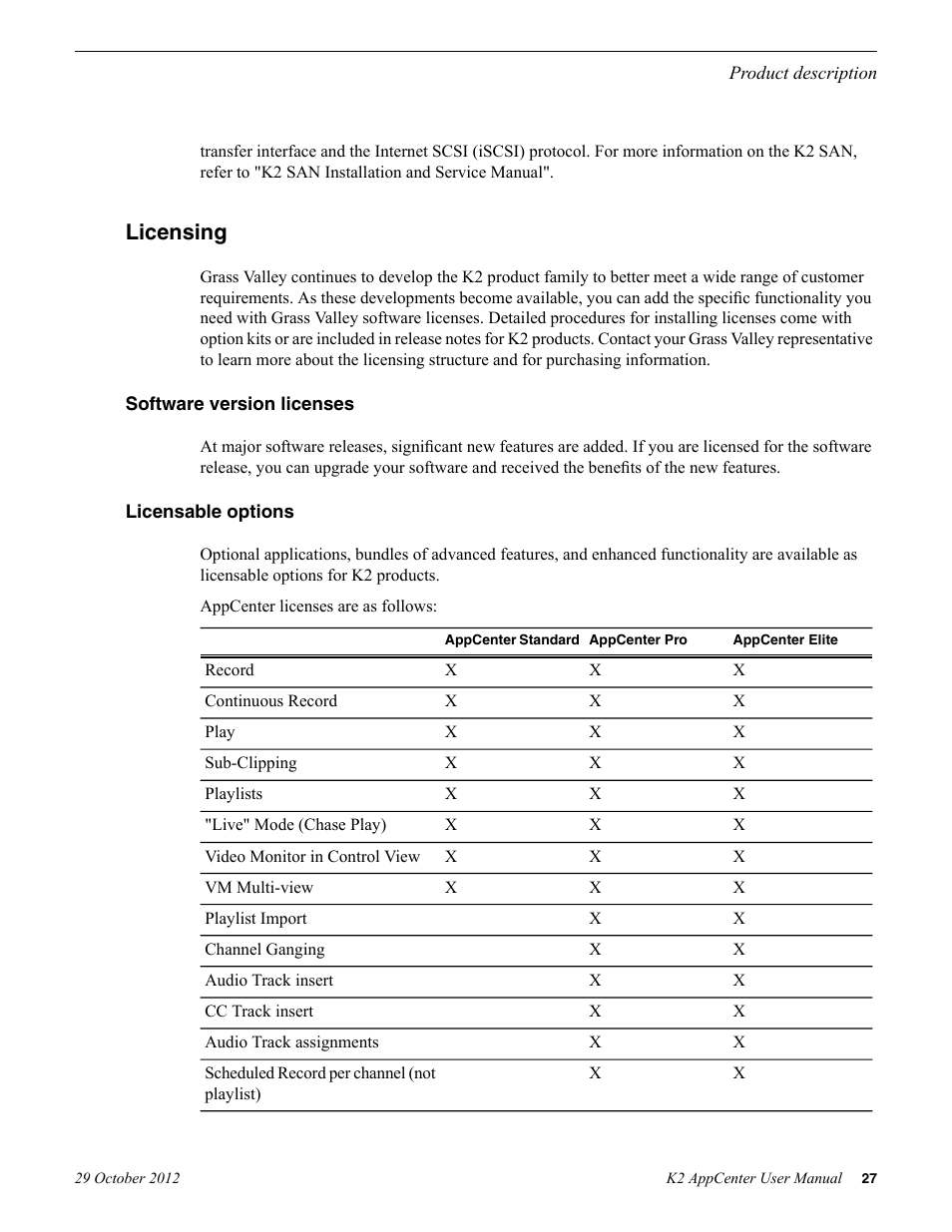 Licensing, Software version licenses, Licensable options | Software version licenses licensable options | Grass Valley K2 AppCenter v.9.0 User Manual | Page 27 / 290