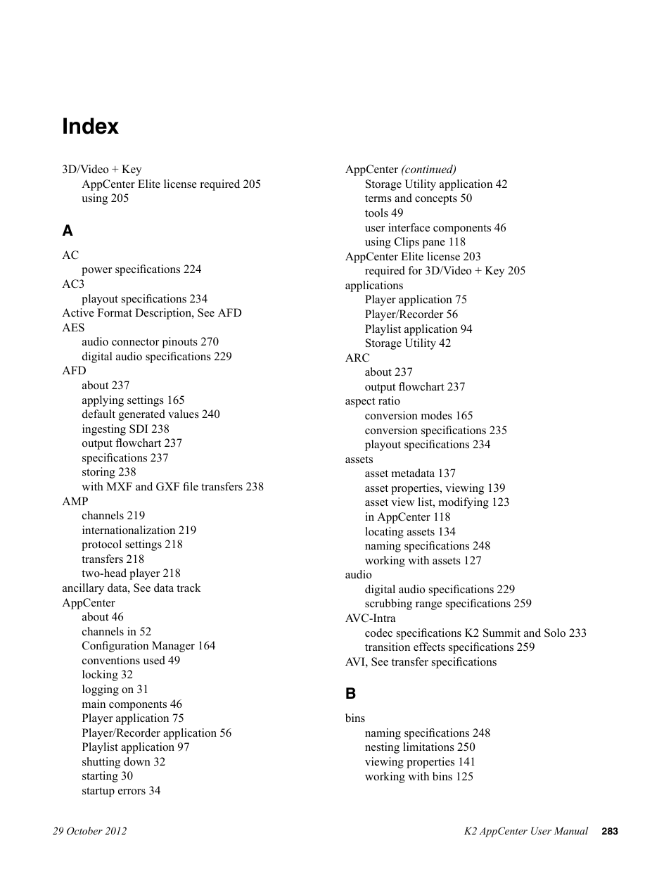 Index | Grass Valley K2 AppCenter v.9.0 User Manual | Page 283 / 290