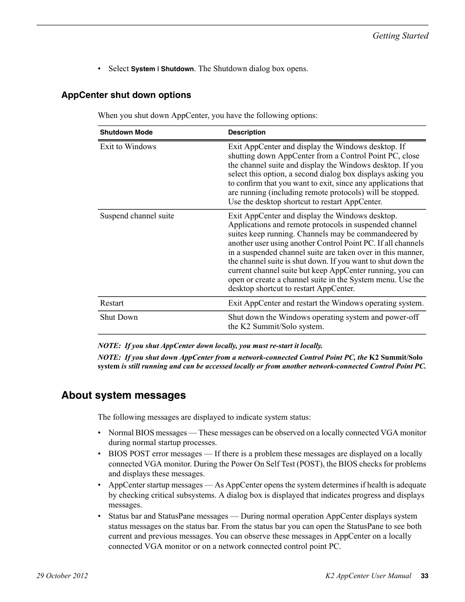 Appcenter shut down options, About system messages | Grass Valley K2 AppCenter v.9.0 User Manual | Page 33 / 290