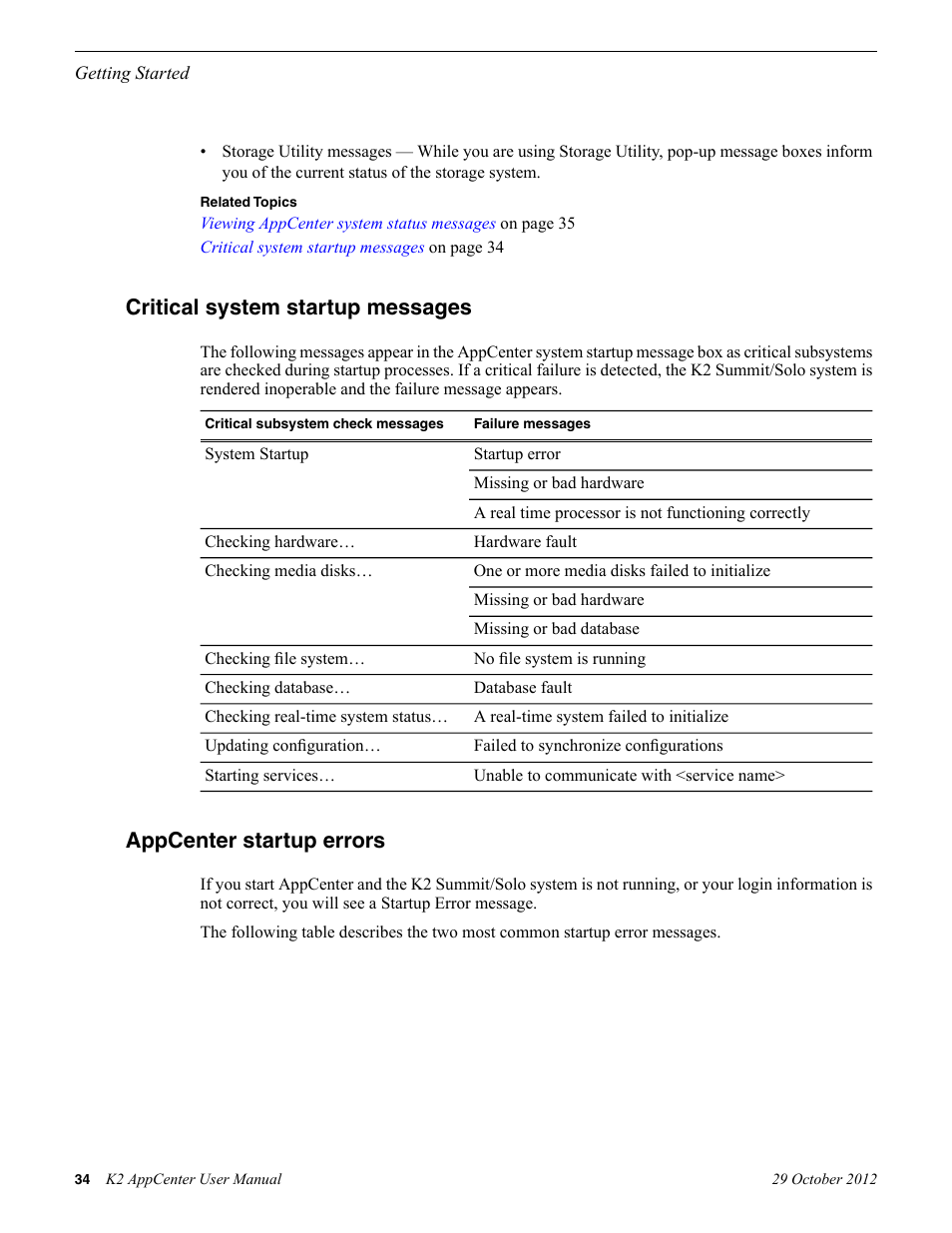 Critical system startup messages, Appcenter startup errors | Grass Valley K2 AppCenter v.9.0 User Manual | Page 34 / 290