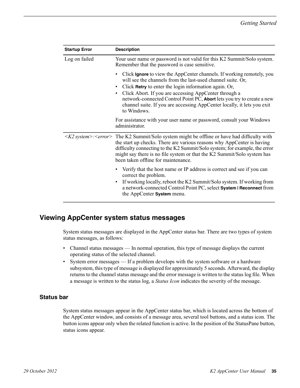 Viewing appcenter system status messages, Status bar | Grass Valley K2 AppCenter v.9.0 User Manual | Page 35 / 290