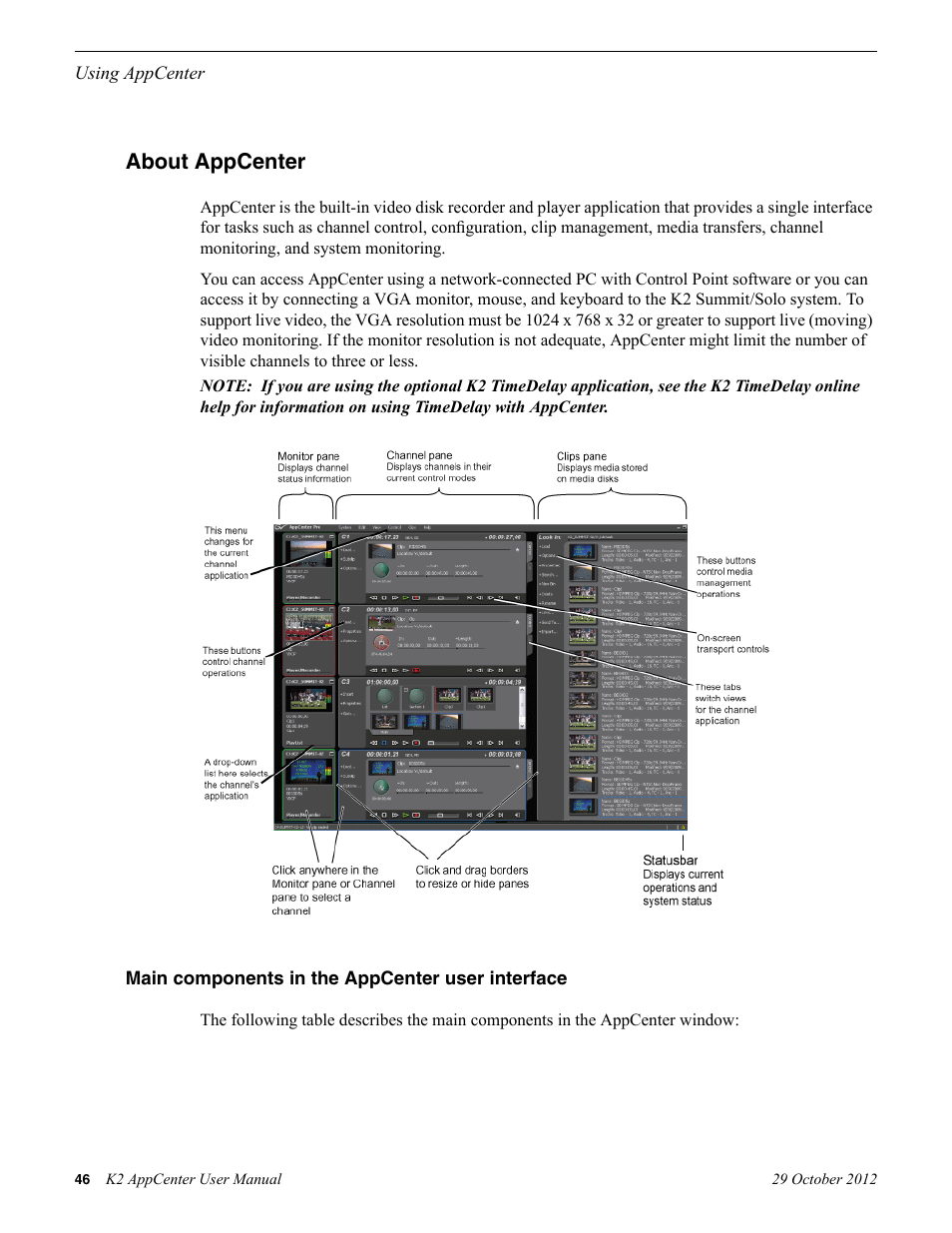 About appcenter, Main components in the appcenter user interface | Grass Valley K2 AppCenter v.9.0 User Manual | Page 46 / 290