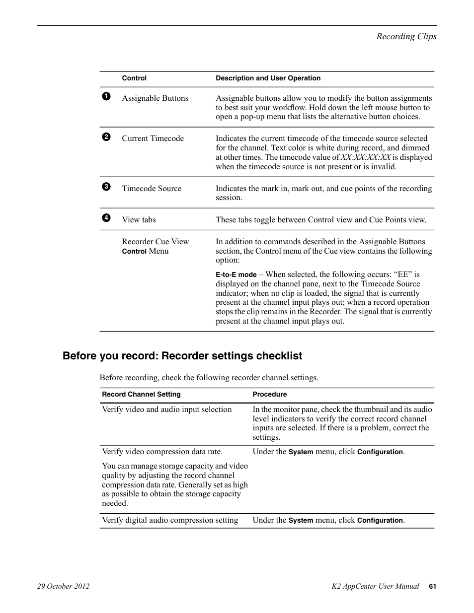 Before you record: recorder settings checklist | Grass Valley K2 AppCenter v.9.0 User Manual | Page 61 / 290