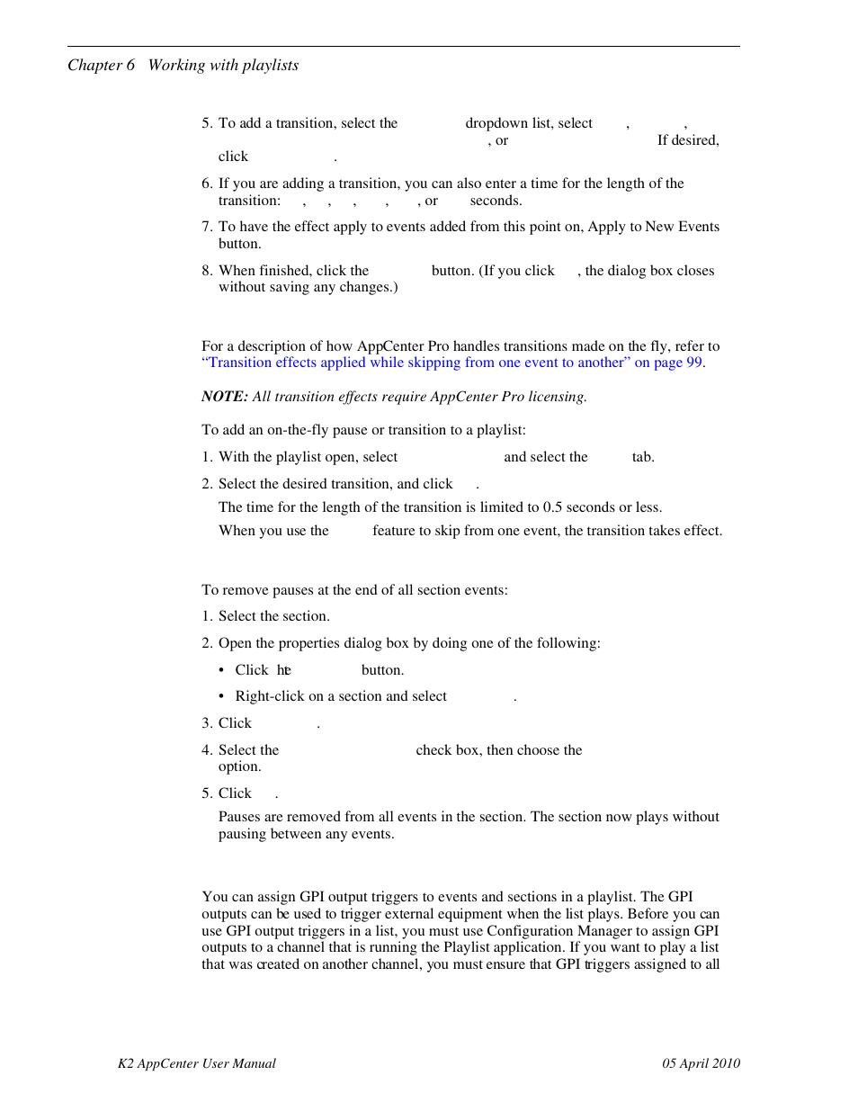 To add transitions to all events in a playlist, To remove pause from all events in a section, Adding gpi output triggers to playlists | W it, See “adding gpi | Grass Valley K2 AppCenter v.7.2 User Manual | Page 100 / 260