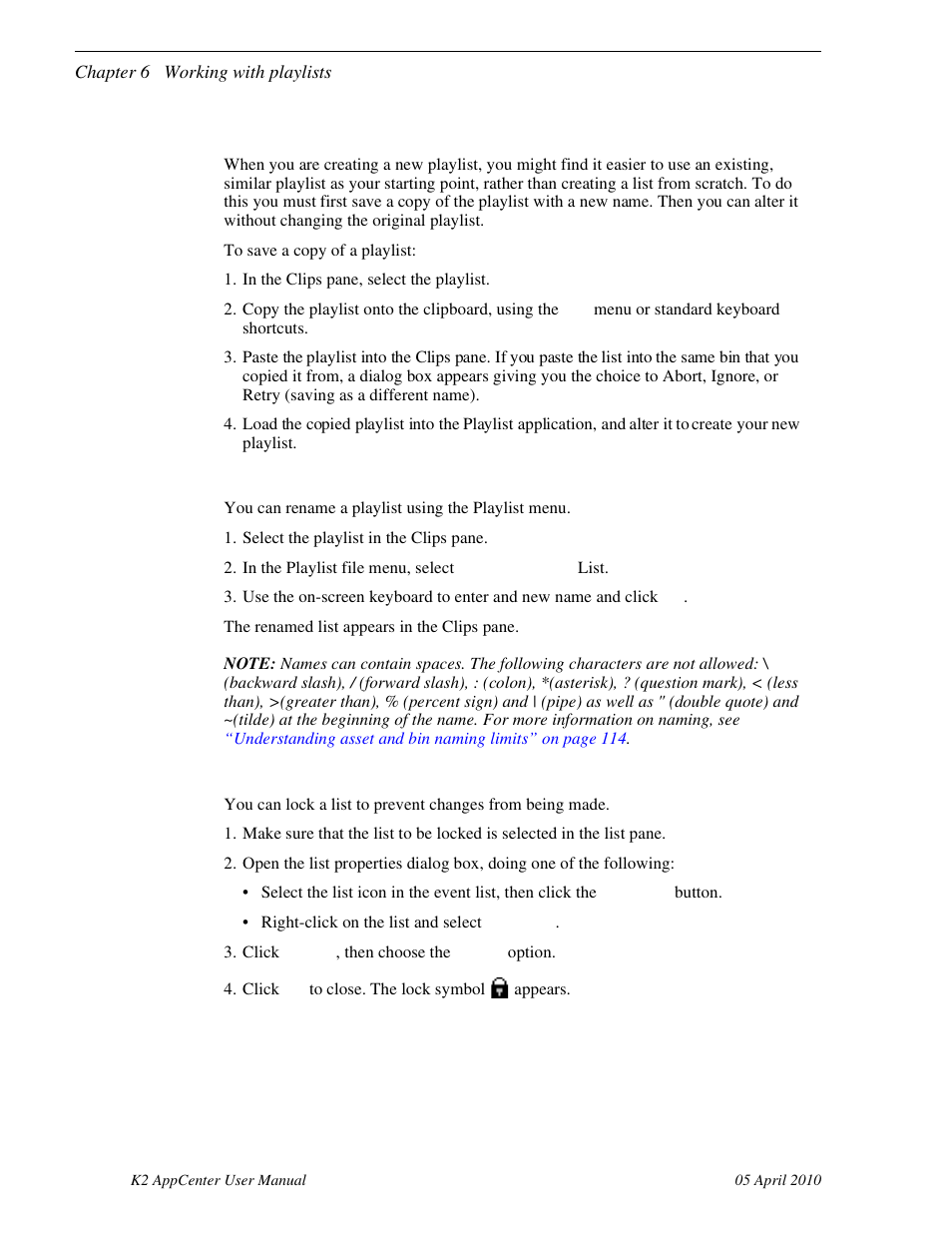 Saving a copy of a playlist, Renaming a playlist, Locking a playlist | Grass Valley K2 AppCenter v.7.2 User Manual | Page 102 / 260