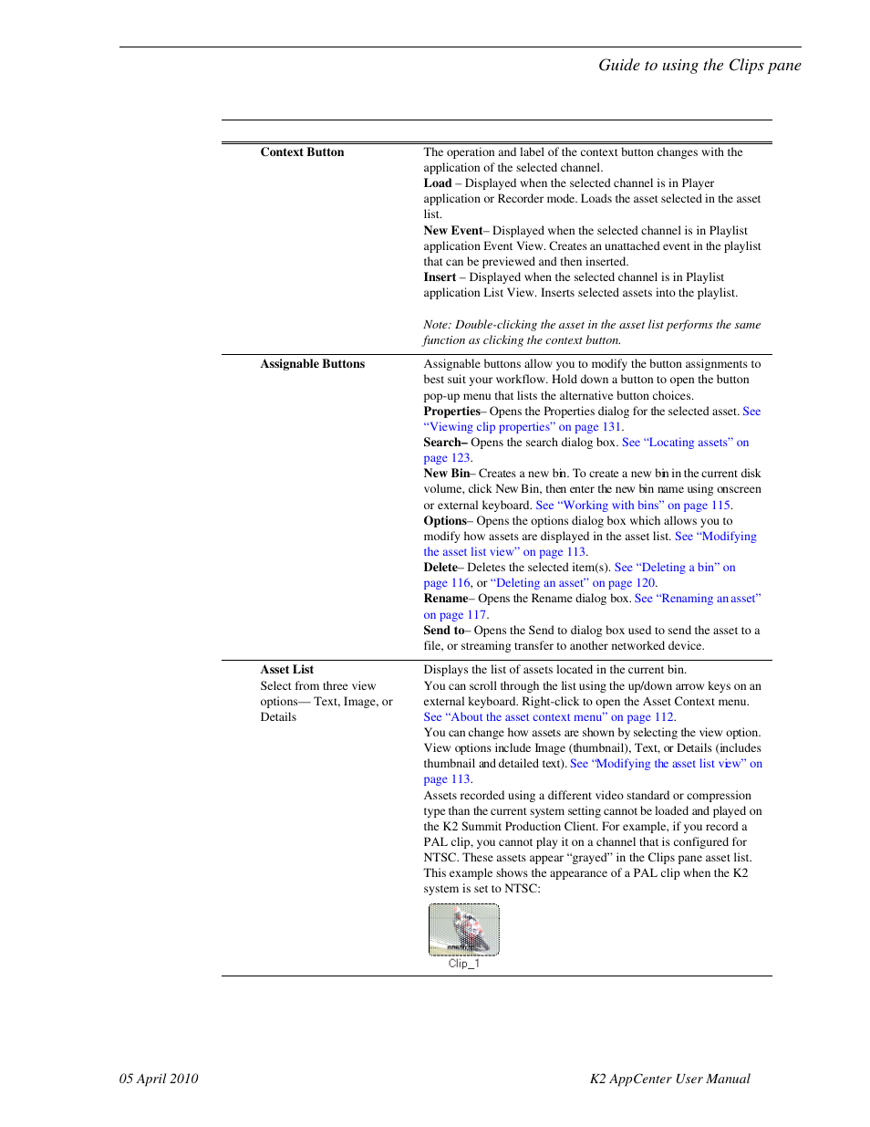 Guide to using the clips pane | Grass Valley K2 AppCenter v.7.2 User Manual | Page 109 / 260