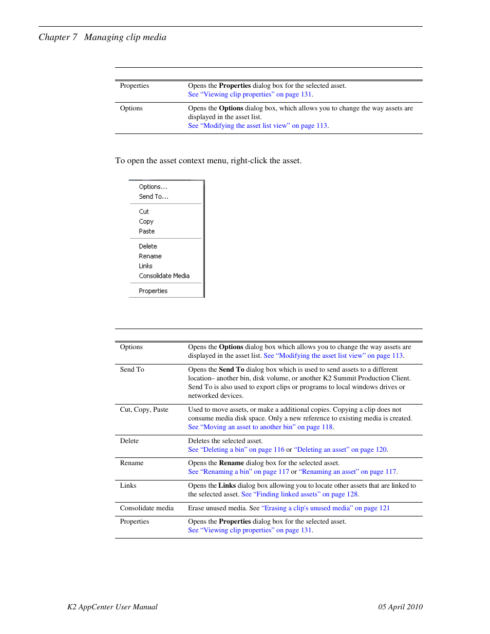 About the asset context menu, Chapter 7 managing clip media | Grass Valley K2 AppCenter v.7.2 User Manual | Page 112 / 260