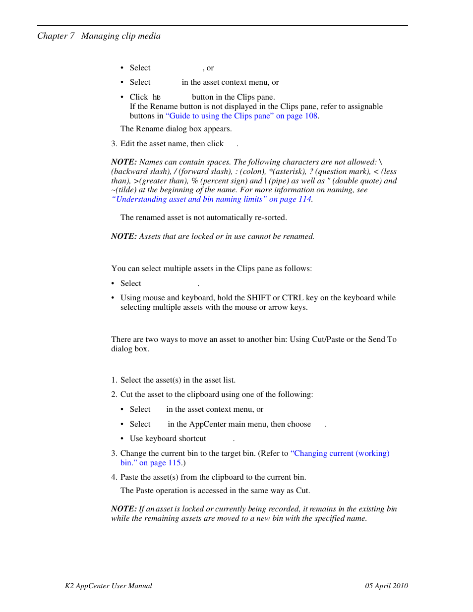 Selecting multiple assets, Moving an asset to another bin | Grass Valley K2 AppCenter v.7.2 User Manual | Page 118 / 260