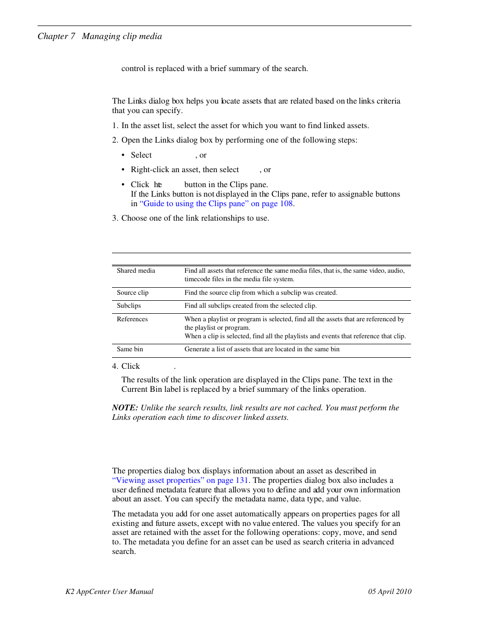Finding linked assets, Working with asset metadata, Working with asset | Working | Grass Valley K2 AppCenter v.7.2 User Manual | Page 128 / 260