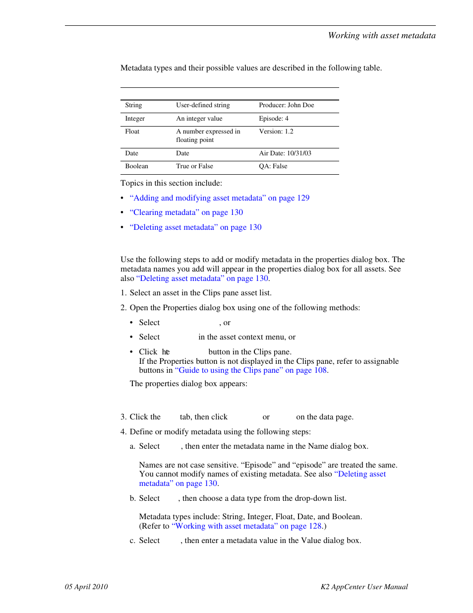 Adding and modifying asset metadata | Grass Valley K2 AppCenter v.7.2 User Manual | Page 129 / 260