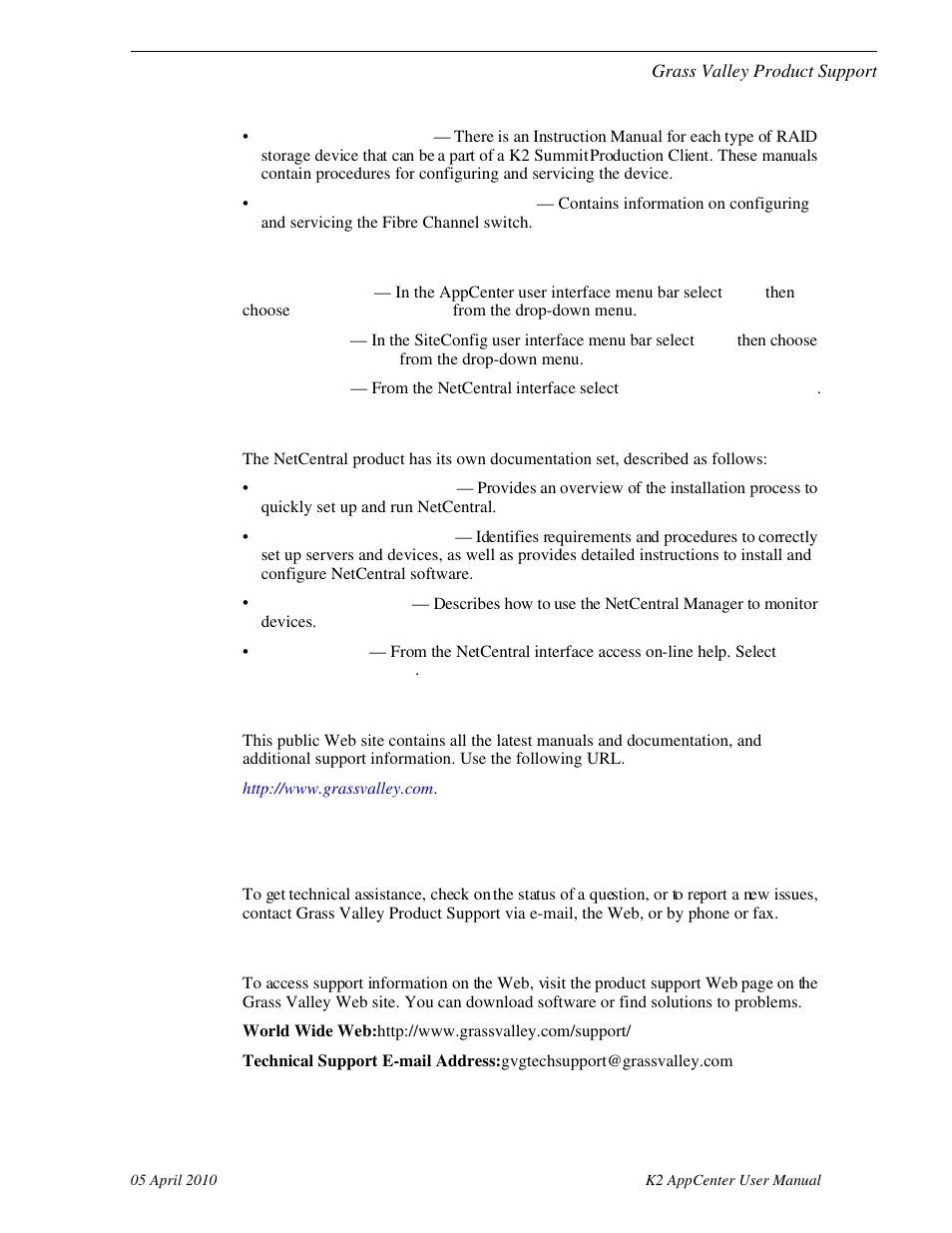 Grass valley product support, Web technical support, On-line help systems | Netcentral documentation, Grass valley web site | Grass Valley K2 AppCenter v.7.2 User Manual | Page 13 / 260