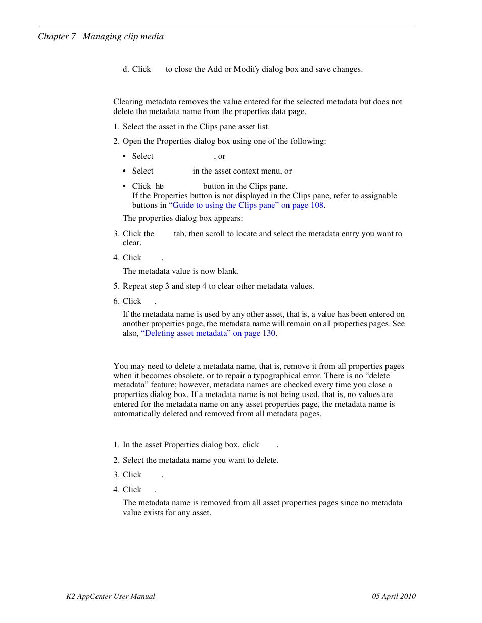 Clearing metadata, Deleting asset metadata, Deleting asset | Grass Valley K2 AppCenter v.7.2 User Manual | Page 130 / 260
