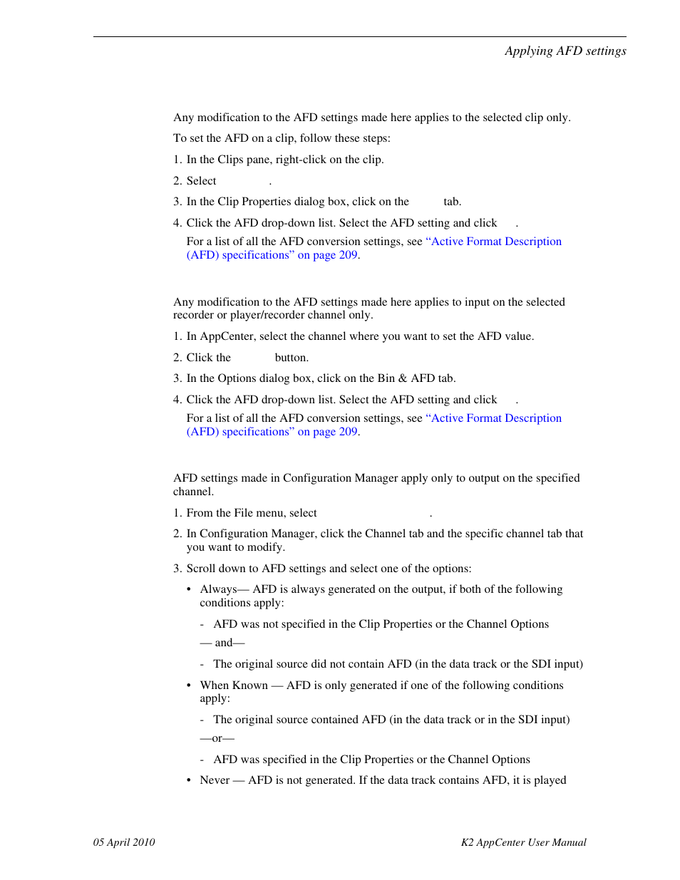 Setting afd in the clip properties, Setting afd in the channel options, Setting afd in the configuration manager | Grass Valley K2 AppCenter v.7.2 User Manual | Page 155 / 260