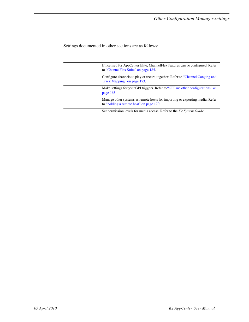 Other configuration manager settings, Channel, Ganging | Remote, Security | Grass Valley K2 AppCenter v.7.2 User Manual | Page 163 / 260