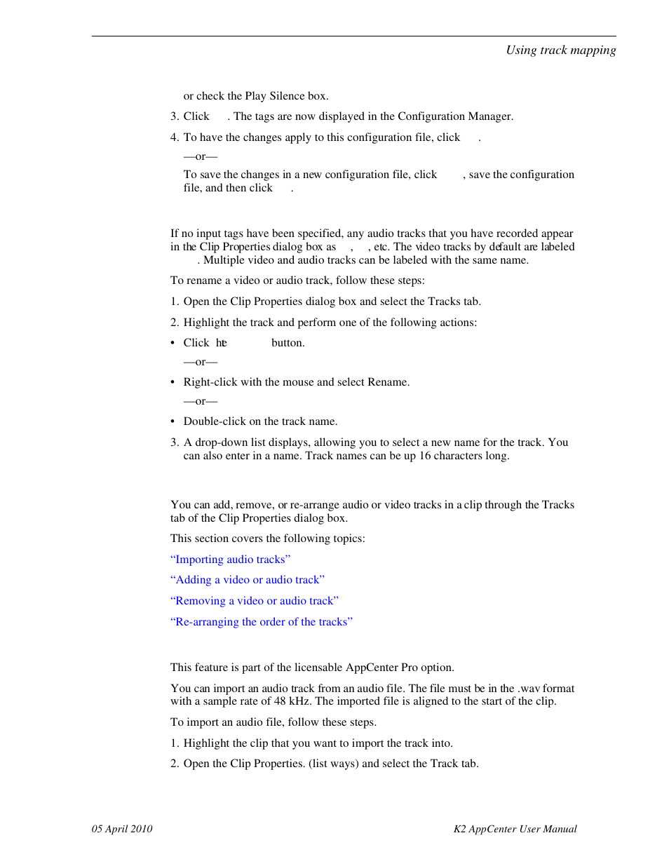 Renaming a video or audio track, Using track mapping, Importing audio tracks | Grass Valley K2 AppCenter v.7.2 User Manual | Page 181 / 260