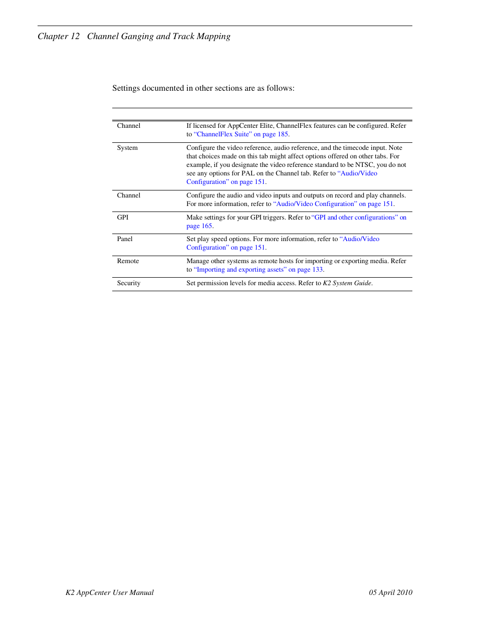 Other configuration manager settings, Chapter 12 channel ganging and track mapping | Grass Valley K2 AppCenter v.7.2 User Manual | Page 184 / 260