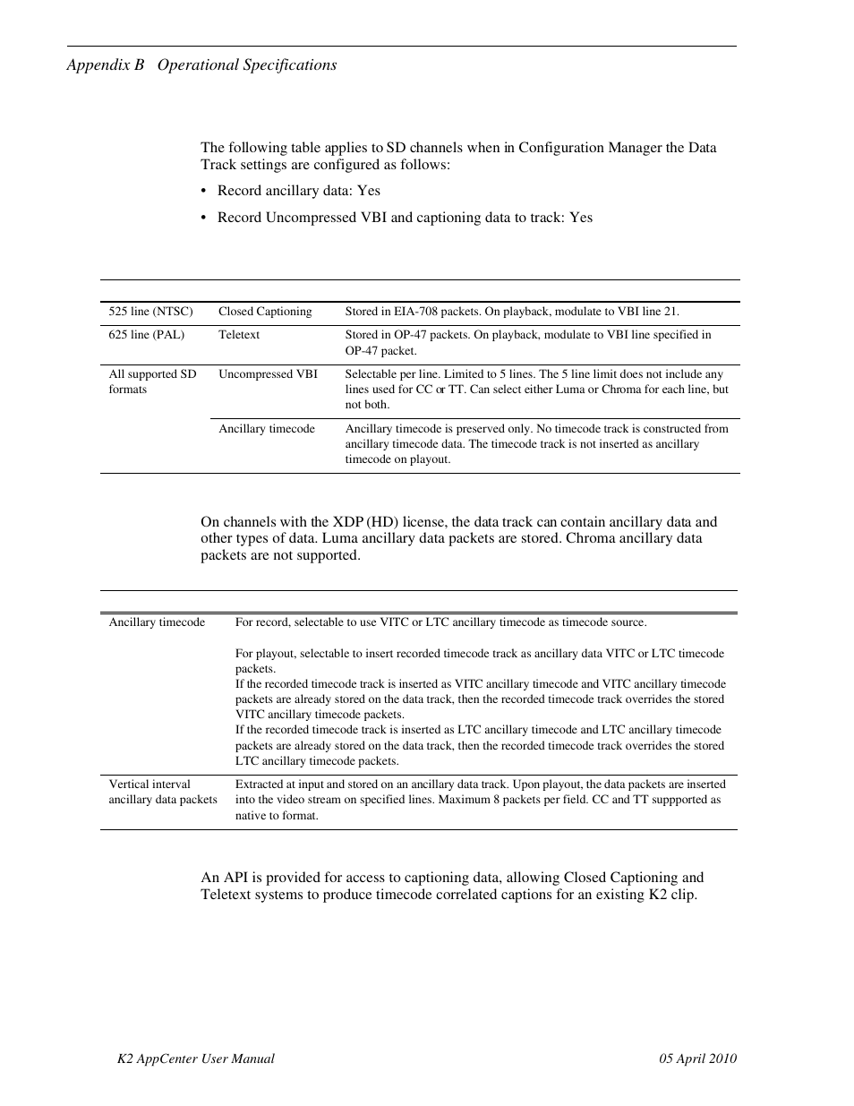 Data track support on k2 summit/solo sd channels, Data track support on k2 summit/solo hd channels, Captioning system support | Grass Valley K2 AppCenter v.7.2 User Manual | Page 218 / 260