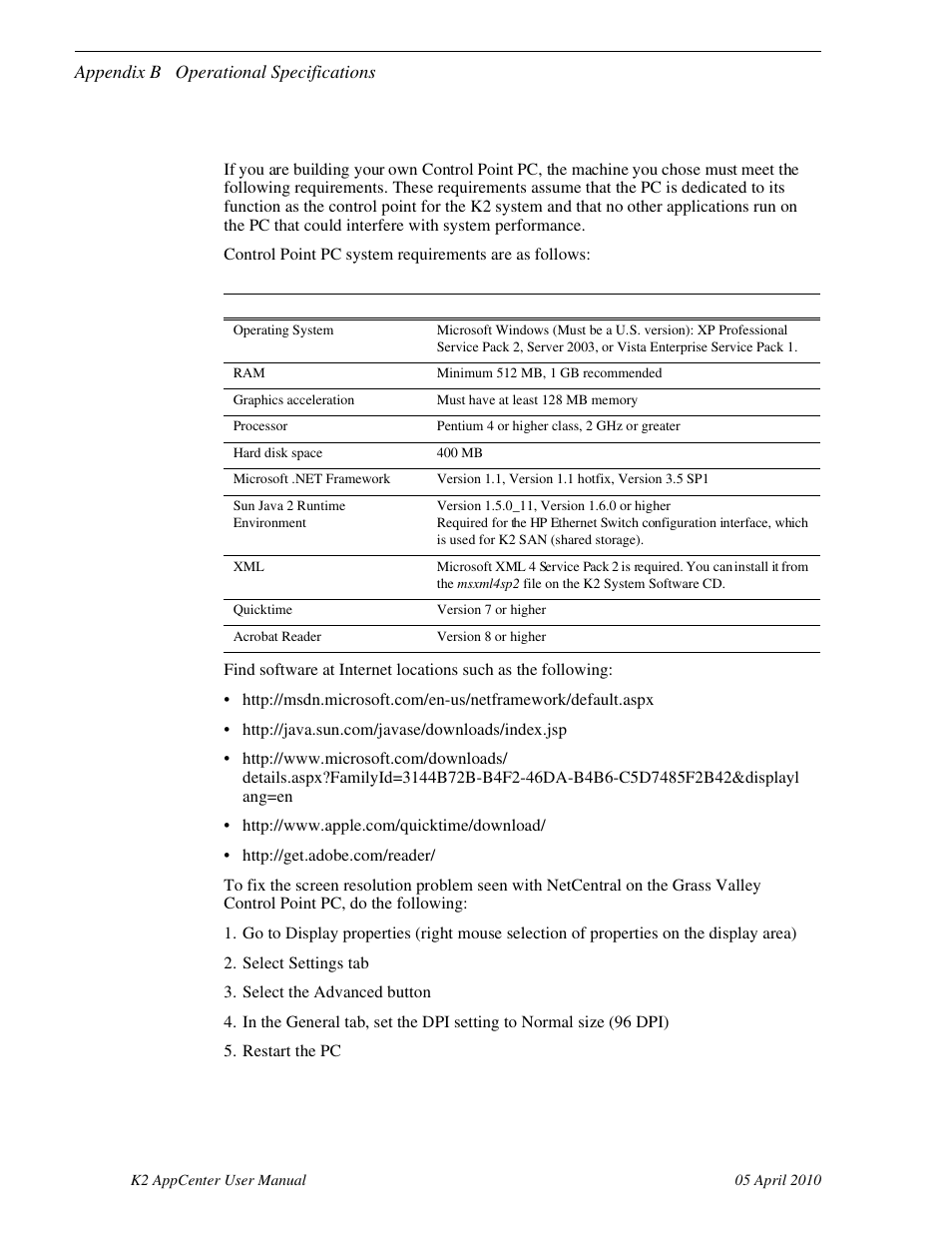 Control point pc system requirements | Grass Valley K2 AppCenter v.7.2 User Manual | Page 230 / 260