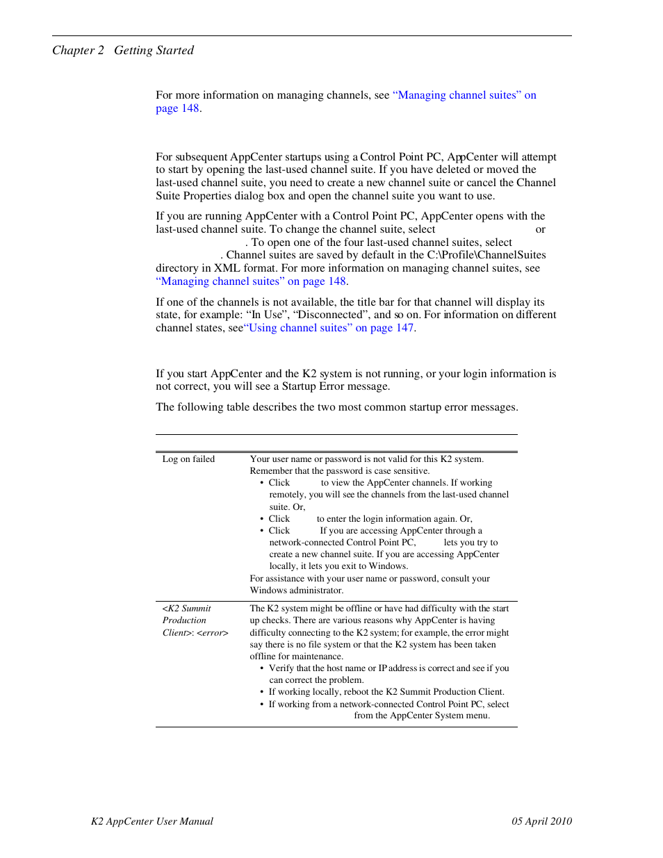 Starting appcenter after creating a channel suite, Appcenter startup errors | Grass Valley K2 AppCenter v.7.2 User Manual | Page 24 / 260