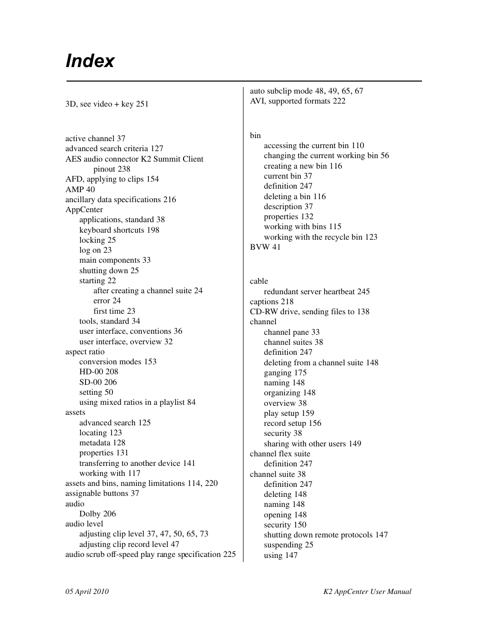 Index | Grass Valley K2 AppCenter v.7.2 User Manual | Page 253 / 260