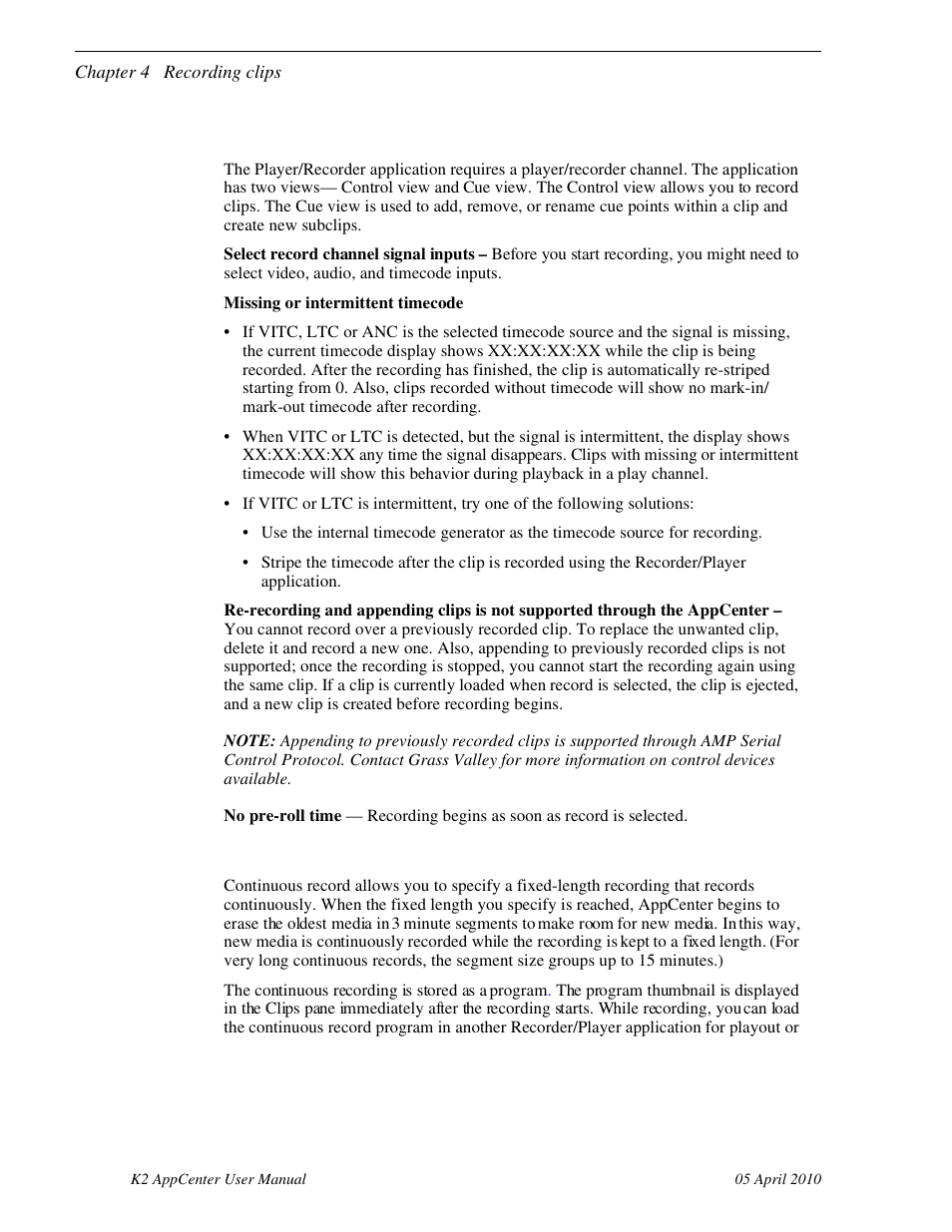 About recording clips, About continuous record mode | Grass Valley K2 AppCenter v.7.2 User Manual | Page 44 / 260